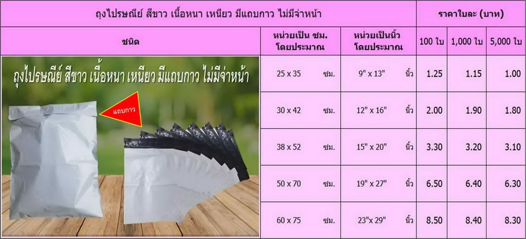 ถุงไปรษณีย์ สีขาว เนื้อหนา เหนียว มีแถบกาว ไม่มีจ่าหน้า